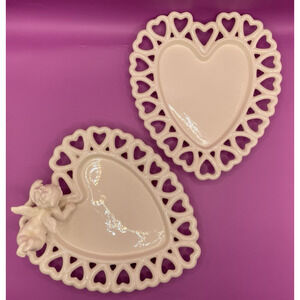 Vintage Handmade Signed Cherub Heart-Shaped Decorative Ceramic Dishes- Set of 2